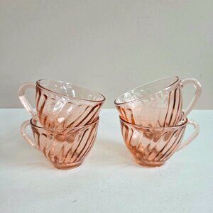 4 vintage pink glass swirl design cups. Retro kitchen. Made in Indonesia.
